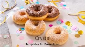  Presentation with birthday party - Slide deck consisting of donuts-for-carnival-and-party background and a coral colored foreground