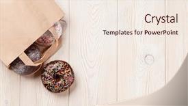  Presentation with donuts - Colorful theme enhanced with donuts in paper bag on wooden table top view with copy space backdrop and a sky blue colored foreground