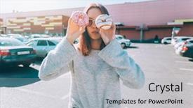  Presentation with street food - Theme with donuts shop - teenage girl eating donut outside background and a light gray colored foreground