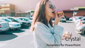  Presentation with teenage girl - Colorful PPT layouts enhanced with donuts shop - teenage girl eating donut outside backdrop and a  colored foreground