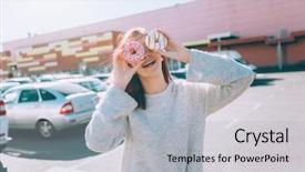  Presentation with street food - Slides having donuts shop - teenage girl eating donut outside background and a light gray colored foreground