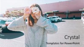  Presentation with teenage girl - PPT layouts featuring donuts shop - teenage girl eating donut outside background and a  colored foreground