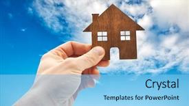  Presentation with man heart attact hand hold - Slide deck featuring cottage door - man's hand holds wooden flat background and a light blue colored foreground