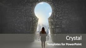  Presentation with keyhole - Slide set enhanced with door key - business woman looking at keyhole background and a gray colored foreground