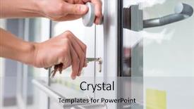  Presentation with apartment - Audience pleasing presentation theme consisting of doorknob - young woman opening the front backdrop and a light gray colored foreground