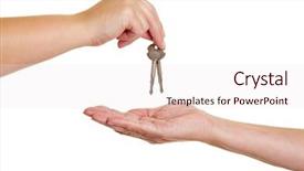  Presentation with handover - Audience pleasing slide deck consisting of doors closing - handover of keys from one backdrop and a sky blue colored foreground