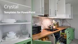  Presentation with kitchen furniture - Presentation featuring doors-open-and-drawers-pulled background and a  colored foreground