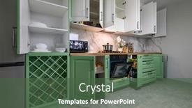  Presentation with kitchen furniture - PPT theme having doors-open-and-drawers-pulled background and a ocean colored foreground