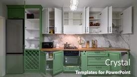  Presentation with kitchen furniture - PPT theme featuring doors-open-and-drawers-pulled background and a  colored foreground