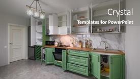  Presentation with kitchen furniture - Presentation design with doors-open-and-drawers-pulled background and a  colored foreground