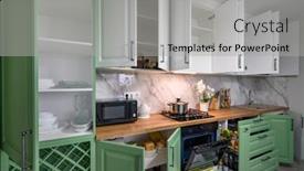  Presentation with kitchen furniture - Presentation theme with doors-open-and-drawers-pulled background and a  colored foreground