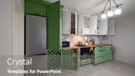  Presentation with kitchen furniture - Slide deck having doors-open-and-drawers-pulled background and a  colored foreground