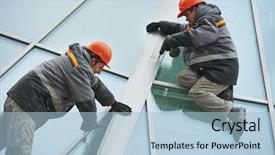  Presentation with industrial workers - Theme with doors windows - two industrial builder workers background and a light blue colored foreground