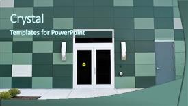  Presentation with green building - Theme featuring doors with green block building background and a ocean colored foreground