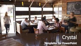  Presentation with busy - Audience pleasing PPT theme consisting of doorway of a busy restaurant backdrop and a tawny brown colored foreground
