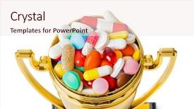  Presentation with golden trophy cup - PPT theme having dope - golden trophy cup with pills background and a sky blue colored foreground