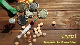  Presentation with syringe - Colorful presentation design enhanced with dope - syringe with pills and medals backdrop and a tawny brown colored foreground