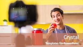  Presentation with food supplements - Slides with doping athetics - young man blogging about food background and a coral colored foreground