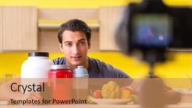  Presentation with food supplements - Audience pleasing slides consisting of doping athetics - young man blogging about food backdrop and a coral colored foreground
