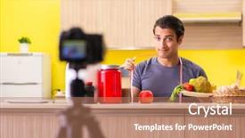  Presentation with food supplements - Audience pleasing theme consisting of doping athetics - young man blogging about food backdrop and a coral colored foreground