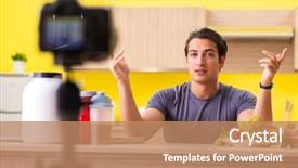  Presentation with food supplements - Cool new slides with doping athetics - young man blogging about food backdrop and a coral colored foreground