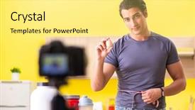  Presentation with food supplements - Beautiful theme featuring doping athetics - young man blogging about food backdrop and a blonde colored foreground