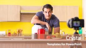  Presentation with food supplements - PPT theme featuring doping athetics - young man blogging about food background and a coral colored foreground