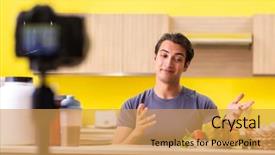  Presentation with food supplements - Slide deck enhanced with doping athetics - young man blogging about food background and a yellow colored foreground