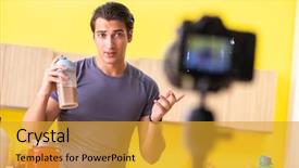  Presentation with food supplements - Slide set featuring doping athetics - young man blogging about food background and a gold colored foreground