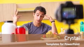  Presentation with food supplements - Amazing slide deck having doping athetics - young man blogging about food backdrop and a coral colored foreground