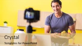  Presentation with food supplements - Slides with doping athetics - young man blogging about food background and a yellow colored foreground