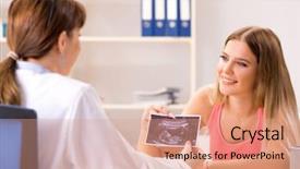  Presentation with gynecologist - Slide deck having doppler - beautiful pregnant woman visiting female background and a  colored foreground