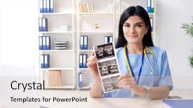  Presentation with gynecologist - Beautiful slides featuring doppler - female doctor gynecologist working backdrop and a  colored foreground