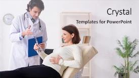  Presentation with pregnant woman doctor - Slide set with doppler - old pregnant woman visiting young background and a  colored foreground