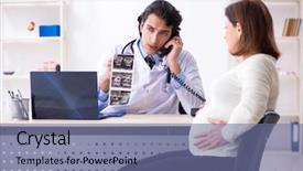  Presentation with pregnant woman doctor - Presentation theme featuring doppler - old pregnant woman visiting young background and a ocean colored foreground