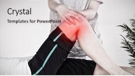  Presentation with knee pain - Theme with dor cabe - masseuse massing the knee background and a light gray colored foreground