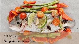  Presentation with paper bag - Slide deck with dorade-with-vegetables-prepared background and a coral colored foreground