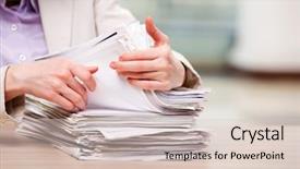  Presentation with stack - Slides enhanced with dossier - businesswoman working with stack background and a lemonade colored foreground