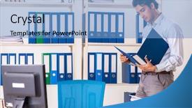  Presentation with employee - Amazing PPT theme having dossier - young male employee working backdrop and a  colored foreground