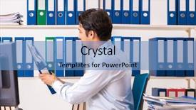  Presentation with employee - Colorful slides enhanced with dossier - young male employee working backdrop and a teal colored foreground