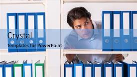  Presentation with employee - PPT theme featuring dossier - young male employee working background and a  colored foreground