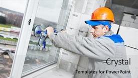  Presentation with building construction - Presentation with double - male industrial builder worker background and a light gray colored foreground