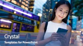  Presentation with city night - Presentation design featuring double check - woman using cellphone in hong background and a  colored foreground