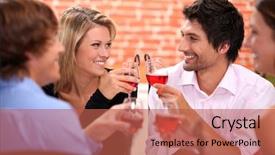  Presentation with friends eating and drinking wine - Presentation theme with double double - four friends drinking in restaurant background and a red colored foreground