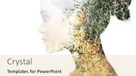  Presentation with olive trees - Presentation theme featuring double exposure portrait of beautiful girl in profile young woman and olive trees background and a coral colored foreground