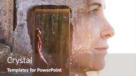  Presentation with serene - Beautiful slide deck featuring double exposure portrait of a serene woman combined with a photograph of a traveller standing in a doorway of a temple in southeast asia backdrop and a tawny brown colored foreground