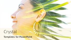  Presentation with green beauty - Slide set with double exposure profile portrait of a young relaxed natural beauty large golden earrings and long brown hair combined with green tropical leaves on a white background background and a blonde colored foreground