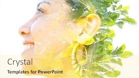  Presentation with green beauty - Colorful slide set enhanced with double exposure profile portrait of a young relaxed natural beauty large golden earrings and long brown hair combined with green tropical leaves on a white background backdrop and a yellow colored foreground