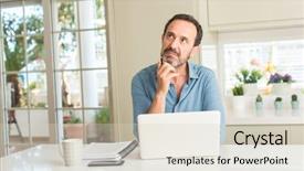  Presentation with laptop - Amazing presentation theme having doubt - middle age man using laptop backdrop and a soft green colored foreground