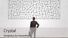  Presentation with business challenge businessman entrance maze - Presentation design having doubt looking to a maze background and a light gray colored foreground